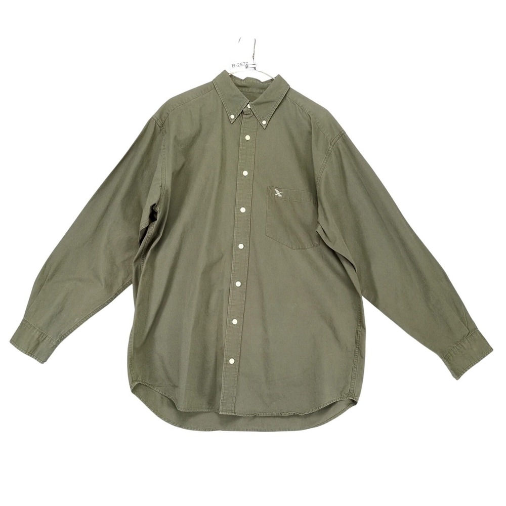 Vintage 90s Eddie Bauer Olive Green Twill Button Down Shirt Mens M Tall Gorpcore